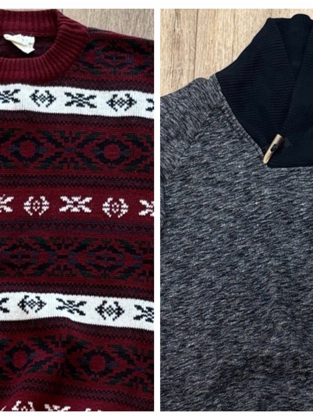 2 Men's Crewneck Fair Isle Sweater - Burgundy and Black/Gray Knit Zara
